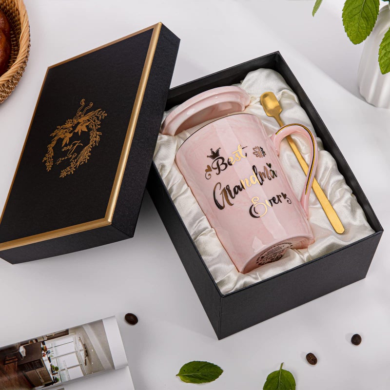 Doublewhale Gifts for Grandma - Best Grandma Ever Mug, Unique Christmas Birthday Gifts for New Grandmas from Granddaughter Grandson - 14Oz Pink Marble Ceramic Coffee Mugs Print with Gold - Lid Spoon Card, Box - Image 2